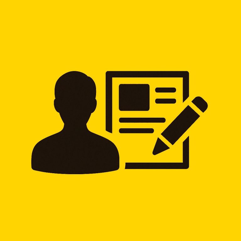 Design Professionale Silhouette of a person next to a document and pencil on a yellow background.