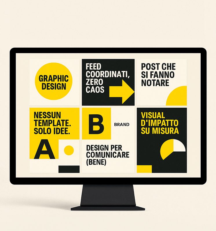 Contenuti grafici personalizzati Design mockup featuring bold yellow and black graphics with text elements and shapes.